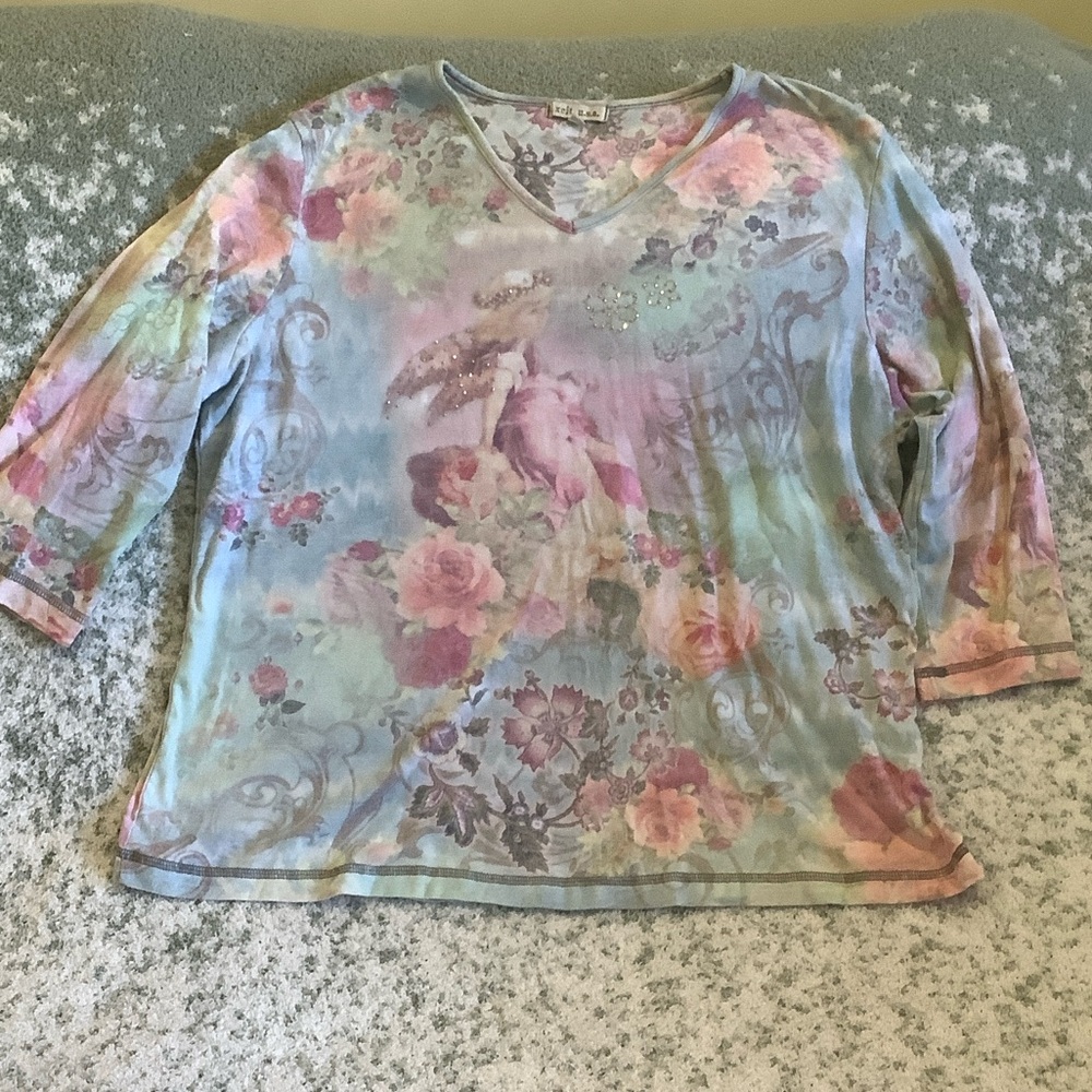 Angel French Floral Pastel Floral Long Sleeve Top Plus Size 1X Resale XCIT USA